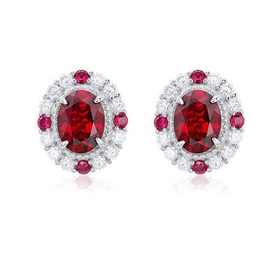 ECB7002 silver plated 18White Gold Oval cultivated red treasure palace style pigeon egg earrings 8 * 6mm/1.5ct * 2 pieces